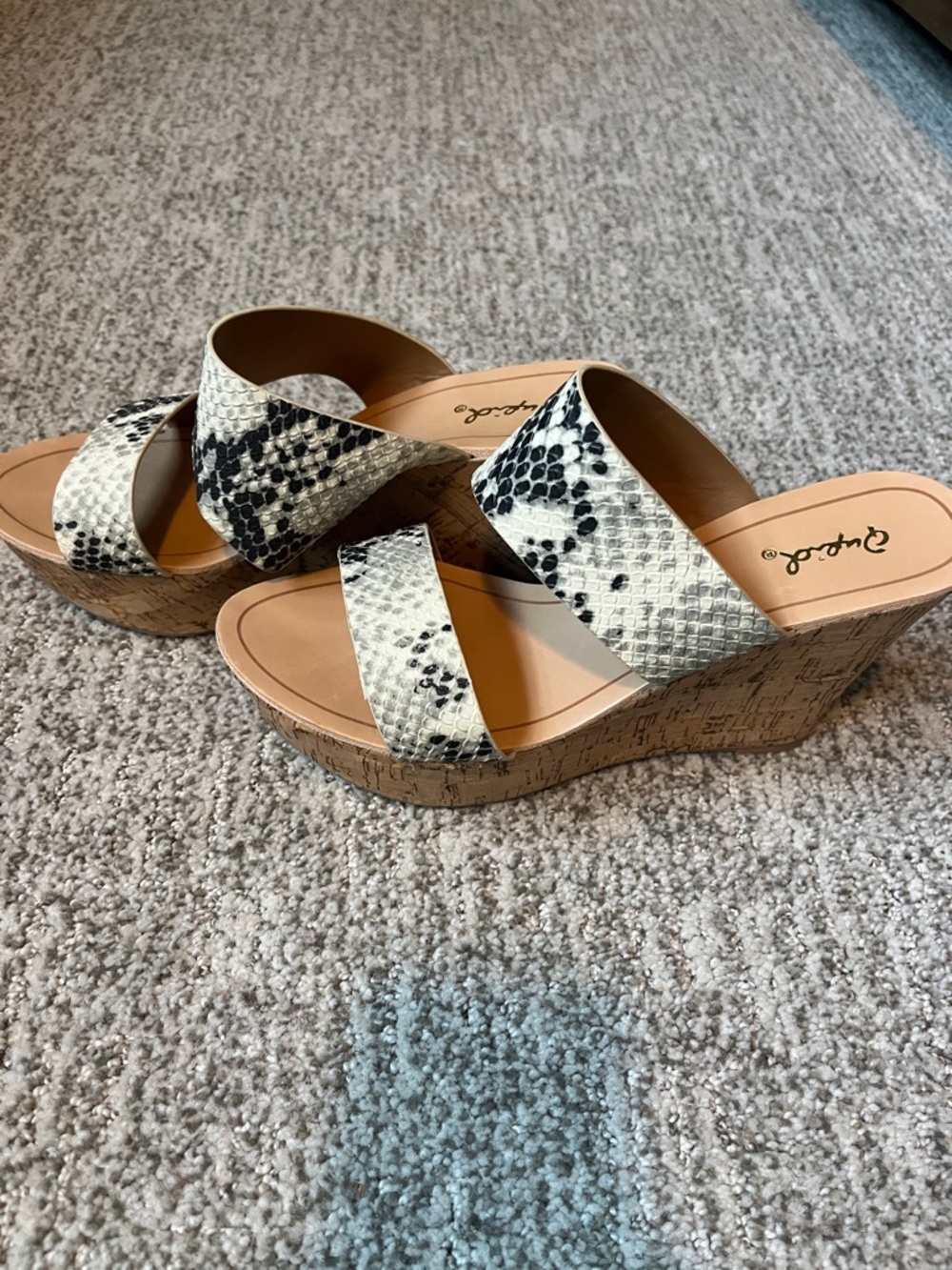 Qupid Black and White Snake-Print Cork Wedge Sandals